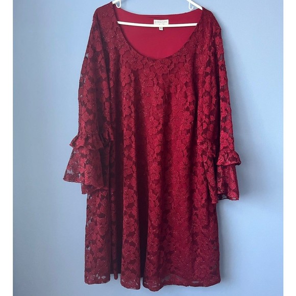 Robbie Bee Bell Sleeve Lace Knee Length Dress Red Shimmer 3X - Picture 2 of 6